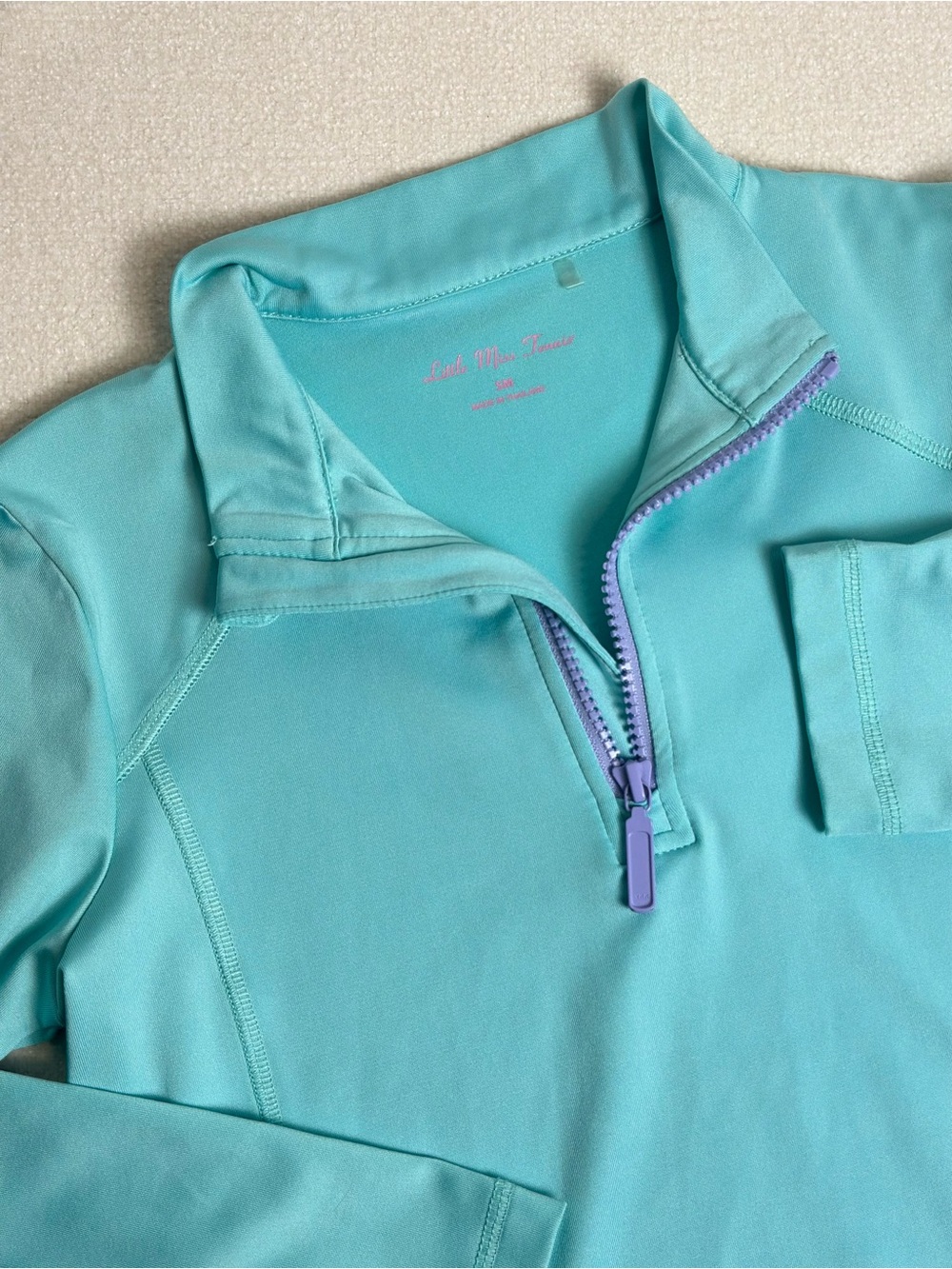 Little Miss Tennis Half-Zip Pullover Performance Spring Top - Aqua Lavender Trim